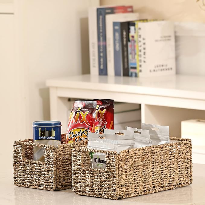 Wicker Storage Basket, Set of 2 Hand-Woven Storage Baskets for Organizing, Small Wicker Basket for Toilet Paper, Foldable Large Cube Storage Organizer Basket Bins for Shelves (Sea Grass)