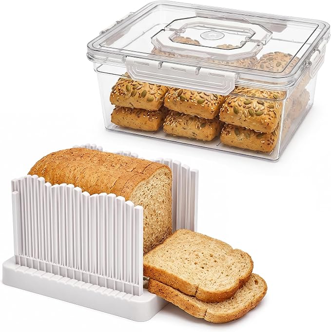 VECELO 2‑in‑1 Bread Slicer & Airtight Bread Storage Box with Handle, Plastic Bread Container with Lid for Keeping Fresh, Ideal for Bread, Cake, Buns,White