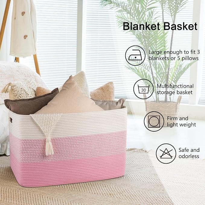 OIAHOMY 108L Extra Large Blanket Basket Dog Toy Basket Pink&White | Rectangle Woven Baskets for Storage Cotton Rope Basket For Living Room Toy Storage Blanket Storage Laundry Basket
