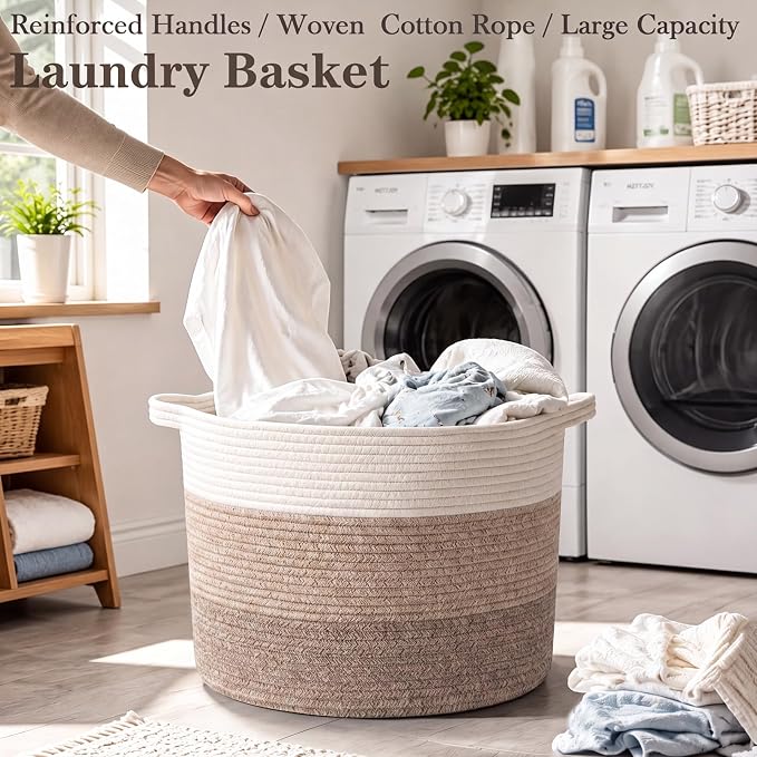 90L Extra Large Blanket Basket,Woven Rope Laundry Basket-Mix Brown | Collapsible Nursery Storage Bin with Sturdy Handles, Organizes Clothes, Toys and Pillows for Living Room, Bedroom, Bathroom