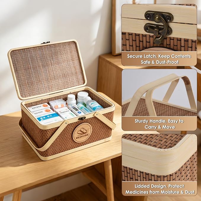 Medicine Basket, Medicine Basket Organizer with Lid, Seagrass Storage Basket Bins for Medicine Pill Vitamin Bottle