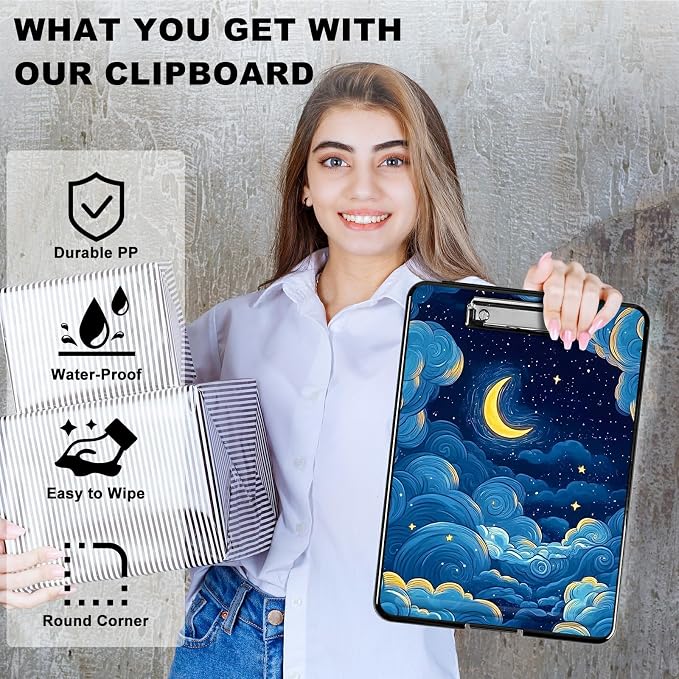 Moon Blue Clouds A4 Clipboard with Storage Pen Holder, Clipboards Organizer Nursing Clipboard Foldable File Folder Plastic Clipboard Folio Clip Board for Office Students Classroom Doctor