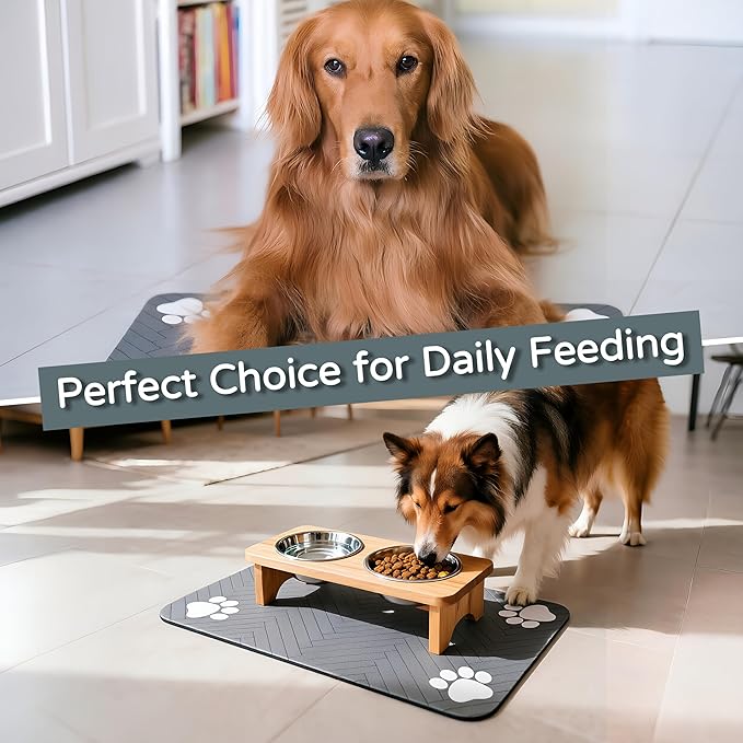 Pet Feeding Mat-Absorbent Dog Feeding Mat for Food and Water Bowl,No Stains Pet Placemat,Quick Drying Water Dispenser Mat for Dog and Cat,Easy to Clean Dog Accessories(S,Black Gray Paw)