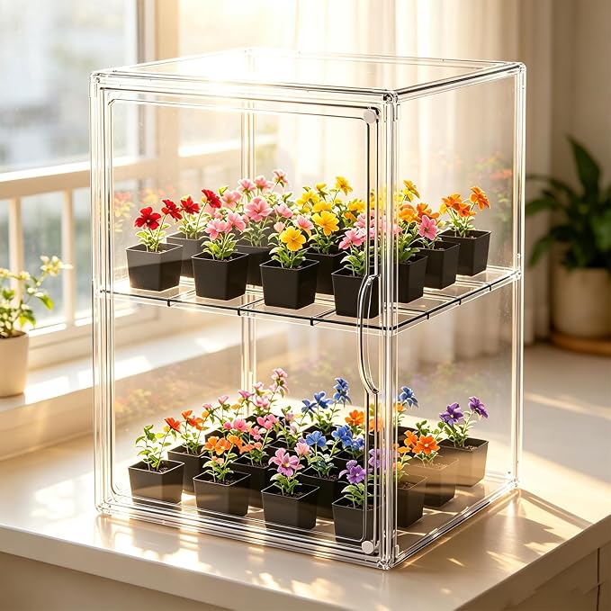 HOYOJA Clear Acrylic Display Case, Super Large Stackable Storage Bins, Acrylic Box with Compartment Divider Clear Mini Greenhouse for Indoor, Small Green House with Magenetic Door