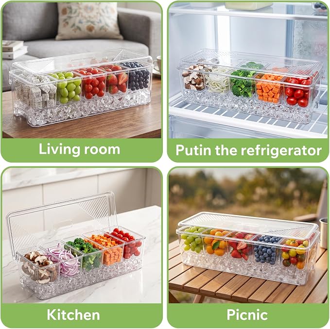 Condiment Caddy with Lid, Condiment Containers,Serving trays | Food Storage Containers, Includes 5 Spoons and 2 Clips, 5 Detachable Compartments, For Fruits Nuts Cookies Condiments