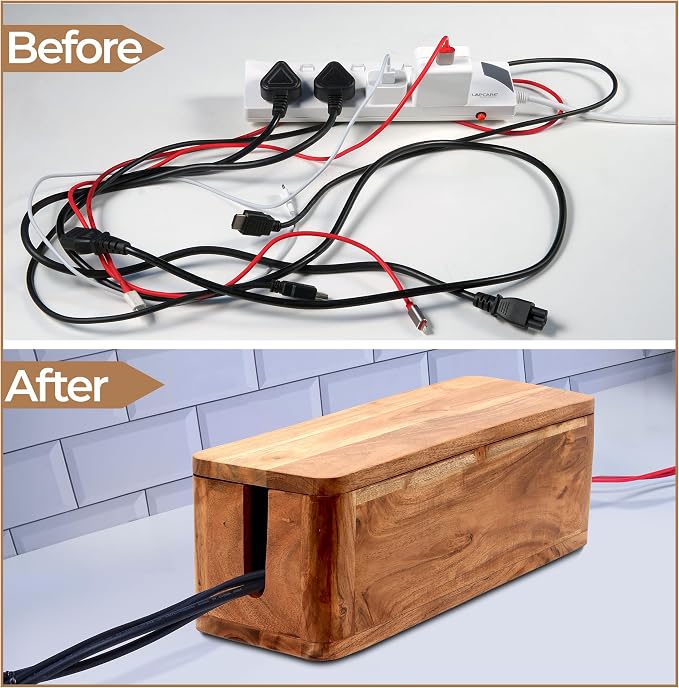 Acacia Cable Management Box - Rustic Design (Natural, Large)