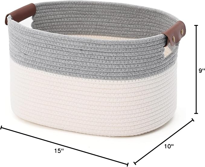 ECDYQXVU 15x10x9 Woven Cotton Rope Storage Basket, Leather Handles 1 Pack | Foldable Design, Sturdy PU Handles, Easy to Clean Organizer for Living Room, Closet, Shelves, Bedroom, Laundry, Clothes