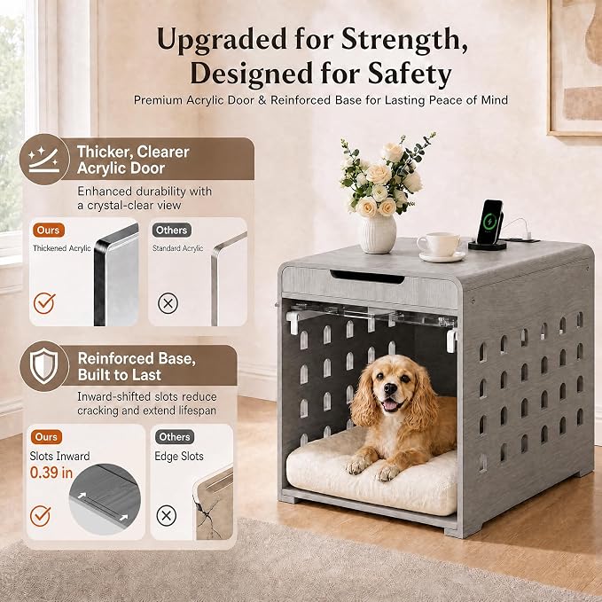 Modern Dog Crate Furniture Wooden Kennel Charging Station End Table Grey | Nightstand, Dog Cage Indoor, up to 50 lb, with Flip-Up Acrylic Door, Storage Drawer, Medium Small Dogs, Living Room Bedroom