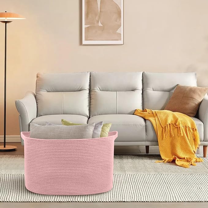 Extra Large Pink Storage Basket, 23.6" x 17" x 12" Rectangle Blanket Basket Living Room, Woven Cotton Rope Basket, Toy Basket Bins, Pink Baskets for Decor, Wicker Baby Laundry Basket