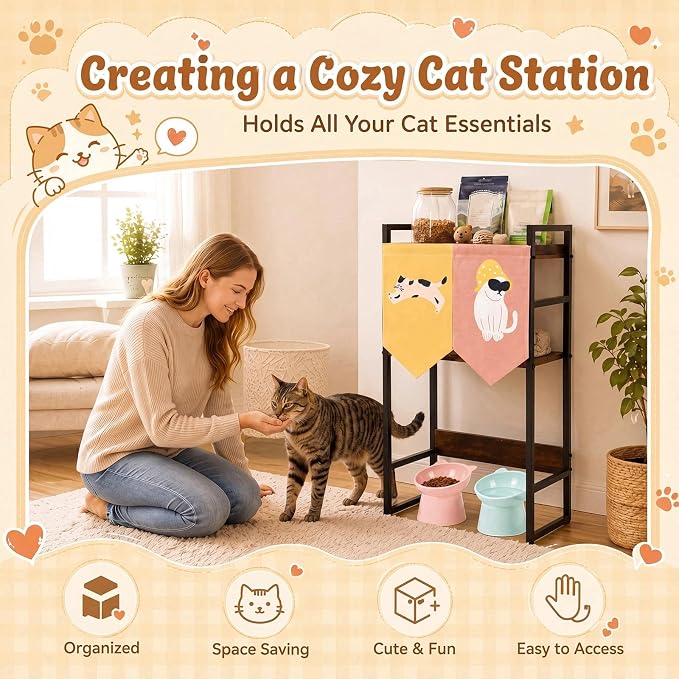 Cat Feeding Station with Storage, 3-Tier Cat Food Organizer Shelf, Elevated Feeding Area Fits Different Bowl Heights, Space Saving Pet Supply Rack with Decorative Flags(Not Include Bowls)