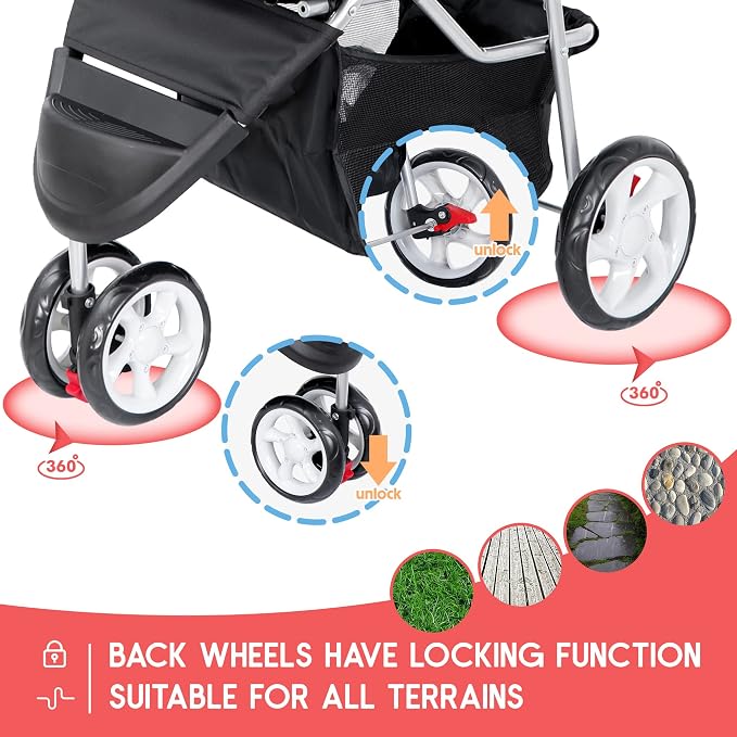 ZENY Pet Stroller for Small/Medium Dogs and Cats Foldable Dog Stroller | 3 Wheels, Pet Strolling Cart, Dog Travel Carrier with Storage Basket, Cup Holder, Black