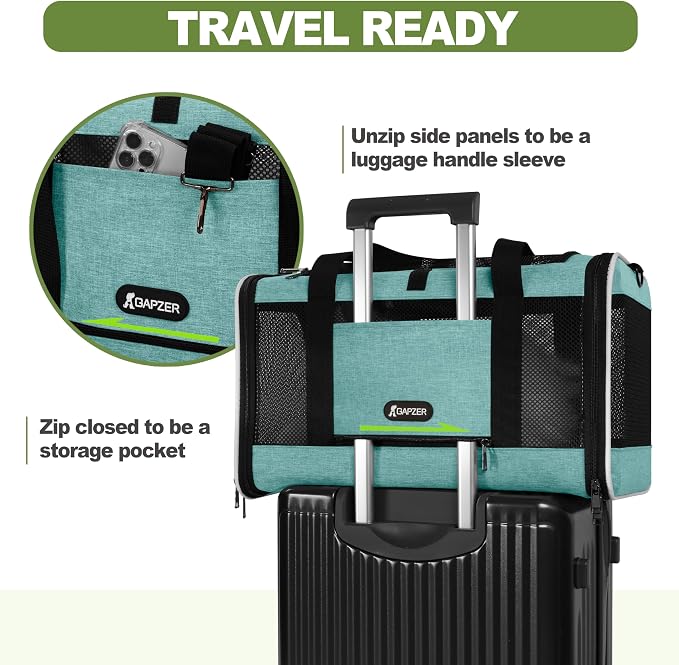 GAPZER Cat Carrier 18"x11"x11" TSA Approved Ventilated Pet Air Travel Cage | Top Open Small Animal Basic Crate, Shih Tzu Dog Softsided Durable Kennel, 4-Mesh-Side Kitty Carry on Case up to 20 lbs Teal