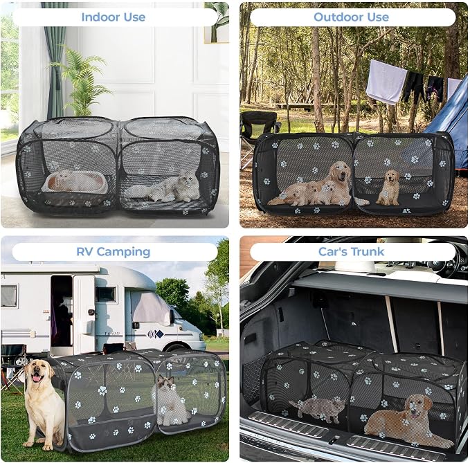 2-in-1 Dog Playpen 58''Pop Up Cat Pet Playpen, Assembly-Free Indoor Outdoor Kitten Enclosure, Breathable Cat Cage Portable Puppy Tent Crates,Spacious Kennel for Small Animals, No Confinement Feel(M)