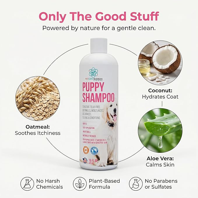 16 fl oz Tearless Puppy Shampoo and Conditioner - Anti Itch Dog Shampoo Sensitive Skin - Coconut Oil Oatmeal Pet Shampoo for Puppies, Made in the USA.
