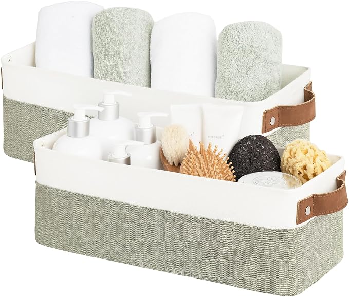 StorageWorks Narrow Storage Bins, Long Baskets, Green and White, 2-Pack | With Metal Frame, Sturdy Structure, PU Handles, Toilet Paper Storage, Small Storage Bins for Bathroom, Closet, Shelf