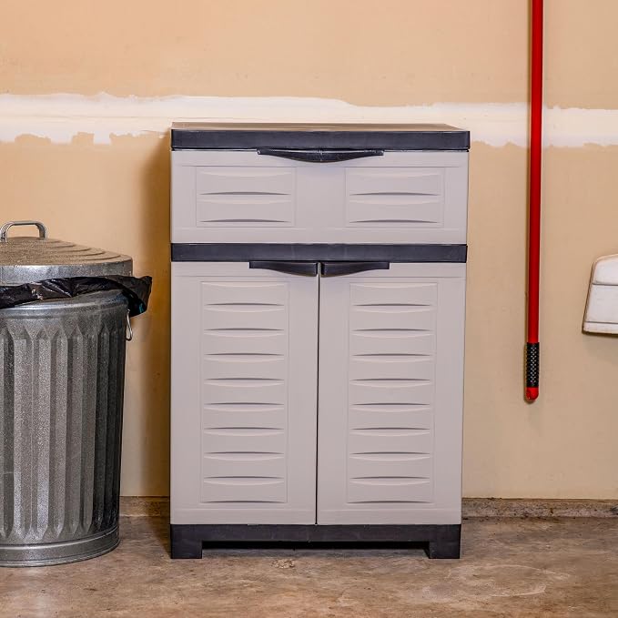 Sunnydaze 34.5" Garage Storage Cabinet with Adjustable Shelf, Gray | Heavy Duty Resin Storage Cabinet Resists Rust & Peeling, Utility Cabinet with Drawer & Anti-Tip Kit for Laundry, Office