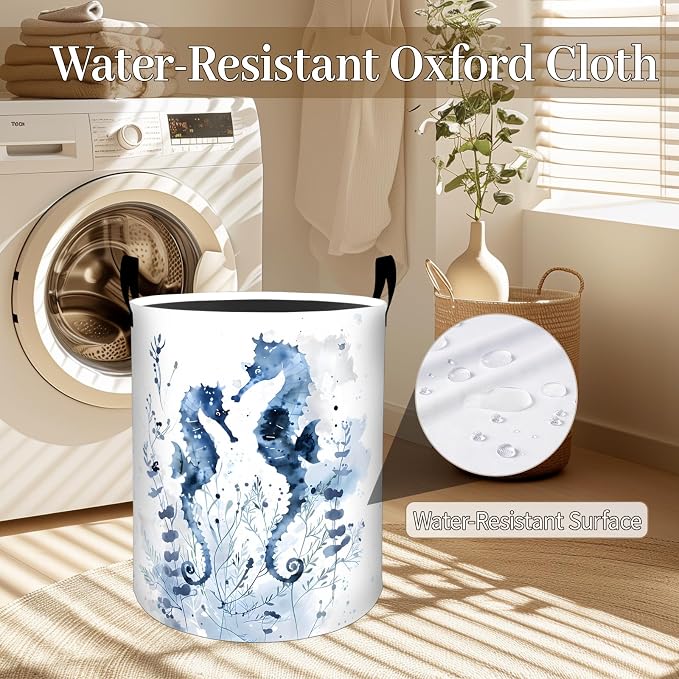 Seahorse Laundry Basket, Elegant Blue Watercolor Foldable Oxford Cloth, Waterproof Dirty Clothes Hamper with Handles, Clothing Storage Bin Toy Organizer for Bedroom Dorm Bathroom, 19.7"x15.7"