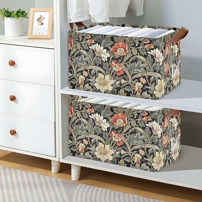 Cottagecore Sage Green Floral Green Black Storage Bins for Shelves with Labels&Handles Fabric Organizer Bin Foldable Storage Basket Boxes for Closet, Bathroom, Home, Living Room, 2 Pack