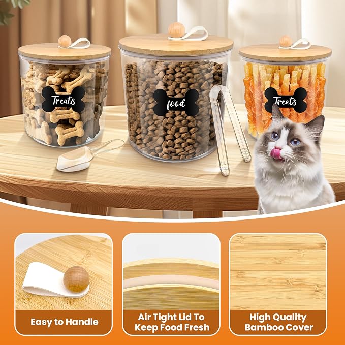 HOYTAMDAR 3 Pack Airtight Dog Treat Containers Bamboo Lids, Dog Treat Jars | Dog Food Storage Container with Scoops, Clamps, Labels and Marker, Dog & Cat Treat Holder