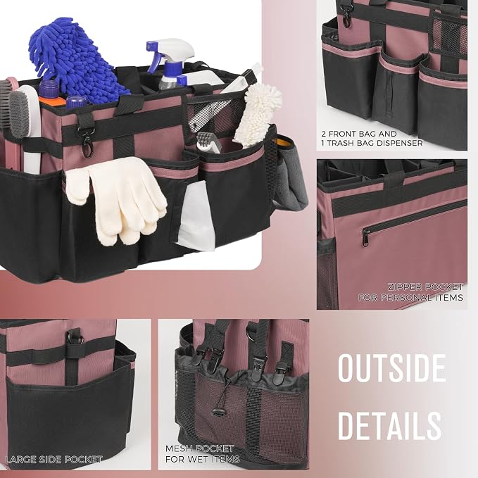 SCAVATA Wearable Cleaning Caddy, Cleaning Caddy Supplies Organizer with Handle & Shoulder Straps for Housekeepers, Under Sink & Car Cleaning Tool Organizers Bag with 4 Foldable Divider (LotusPink)