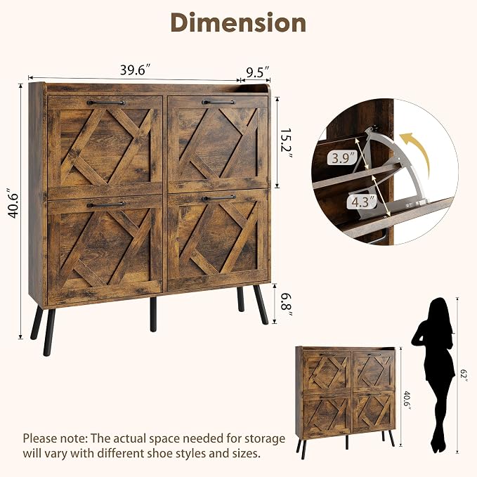 Shoe Cabinet Storage for Entryway, Freestanding Shoe Storage Cabinet, Farmhouse Narrow Shoe Rack Cabinet for Entryway, Foyer, Hallway, Shoe Cabinet 4 Flip Drawers
