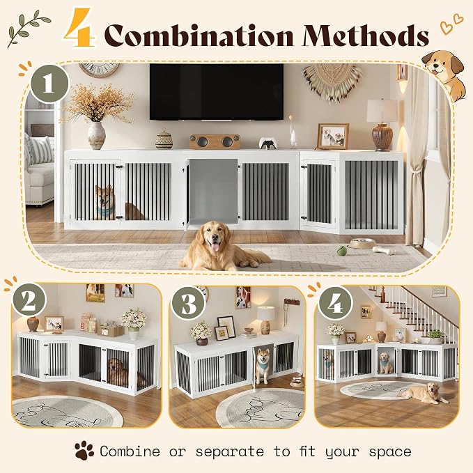 AMERLIFE Dog Crate Furniture for Medium/Large Dogs with Storage and Divider | 3-in-1 Corner Dog Kennel, Space-Saving Heavy Duty Large Cage, White