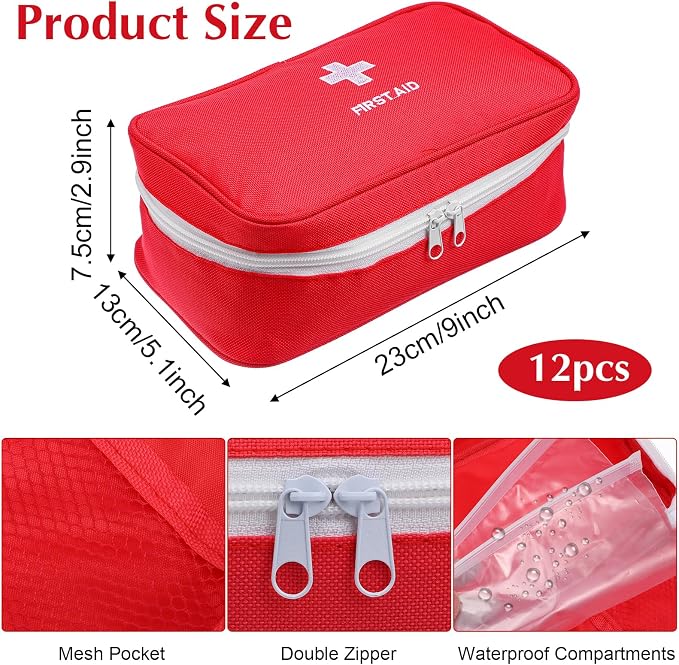 12 Pack Empty First Aid Bag, Emergency Bag Empty, First Aid Case, Portable Medical Storage Pouch for Camping Hiking Travel Home Office (Red)