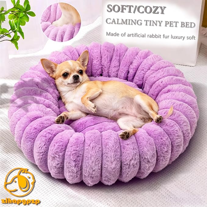 Tiny Donut Pet Bed, 16 Inch Round Calming Bed for Puppies & Kittens, Soft Cozy for Indoor Cats & Extra Small Dogs, Anti-Slip Bottom, Washable, Purple