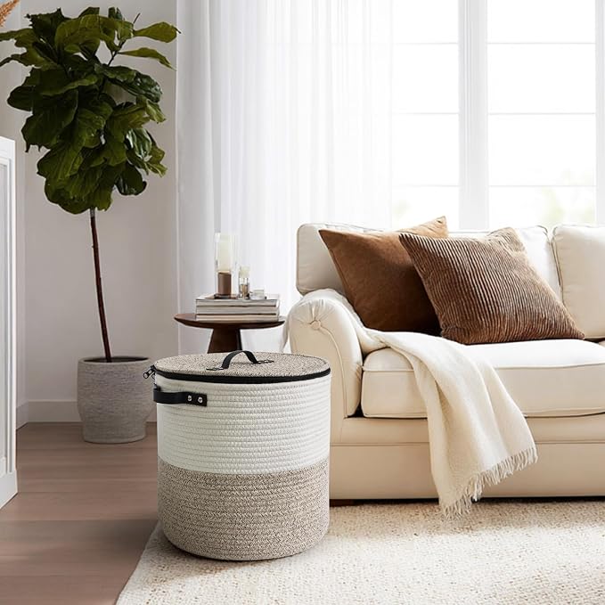 Storage Basket with Lid, 15"x13" Round Woven Blanket Storage for Living Room, Decorative Cotton Rope Hamper with Zipper Top, Wicker Basket with Lid, Floor Covered Kids Dog Toy Bin