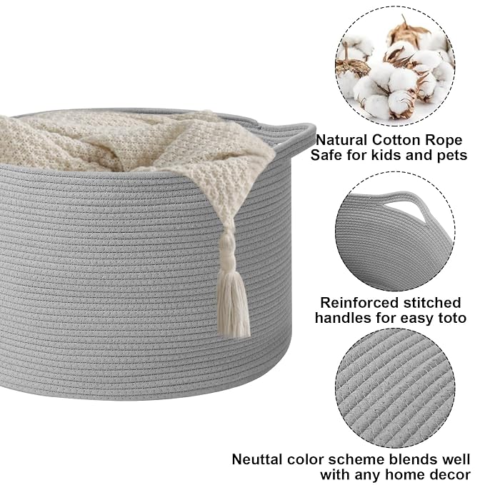 90L Extra Large Blanket Basket,Woven Rope Laundry Basket-Light Grey | Collapsible, reinforced handles, nursery storage bin organizes clothes, toys and pillows for living room, bedroom bathroom