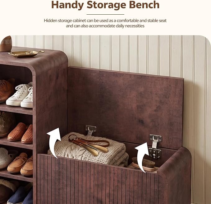 L-Shaped Shoe Storage Bench with Lift Top Box & Shelf, Walnut | Durable Wood Cabinet With Hidden Storage For Entryway, Hallway, Apartment
