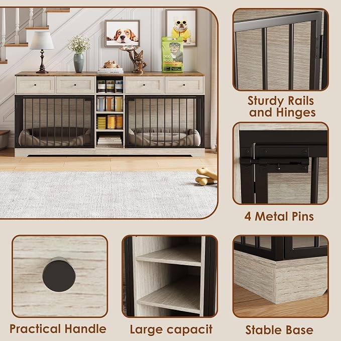 Dog Crate Furniture for 2 Dogs, Double Dog Crate TV Stand, Washed White | 82" Large Dog Kennel Indoor with 4 Storage Drawers and 4 Shelves, Suitable for Small, Medium and Large Dogs