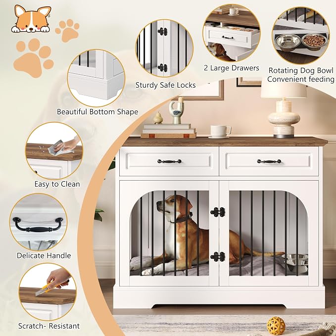 Merax 43.3" Farmhouse Dog Crate Furniture with Rotating Bowls & Drawers – Wooden Indoor Pet Kennel Side Table with Metal Bars – Stylish Dog House for Medium to Large Breeds, White & Brown