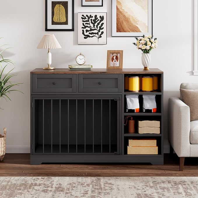 Wooden Dog Crate Furniture, Indoor Dog Kennel TV Stand with Storage, Black | 2 Drawers and 4 Open Shelves, Multi-Functional Dog Kennel for Small, Medium and Large Dogs