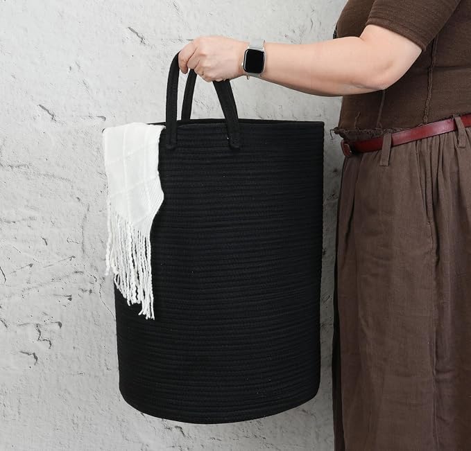 Woven Cotton Rope Laundry Basket Hamper 16" x 22" Large Black | Rope storage basket for dirty clothes, toys and blankets. Perfect for bathroom, baby nursery and living room storage.