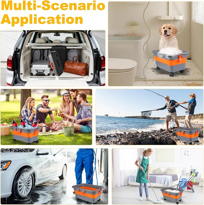 Collapsible Bucket with Wheels and Handle 5.8 Gallon, Drain Plug and Water Outlet, Portable Water Storage Foldable Carts for Mop Cleaning, Camping, RV, Pet Bathing, Fishing, Car Washing