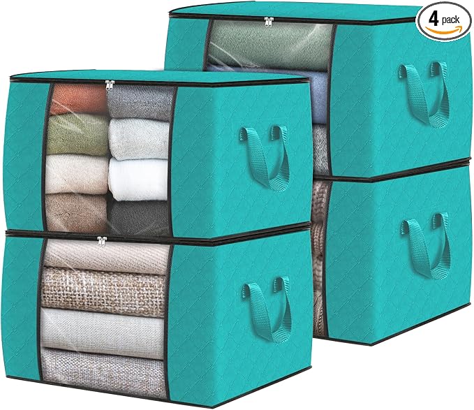 4 Pack Storage Bags for Clothes Blanket Storage Bins with Lids | Foldable Closet Organizers with Zippers,Window and Handles,Fabric Storage Bins for Sweater,Comforter,Bedding,Dorm essentials