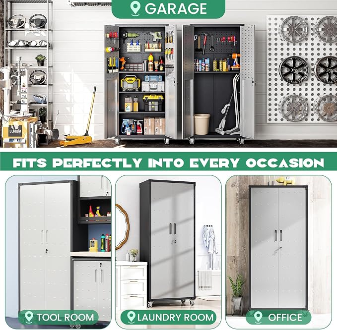 Garage Metal Storage Cabinet,71" Rolling Tool Cabinet with Pegboard and 3 Adjustable Shelves,Heavy-Duty Shelving Unit with Lockable Doors for Garage,Workshop,Home & Office Organization