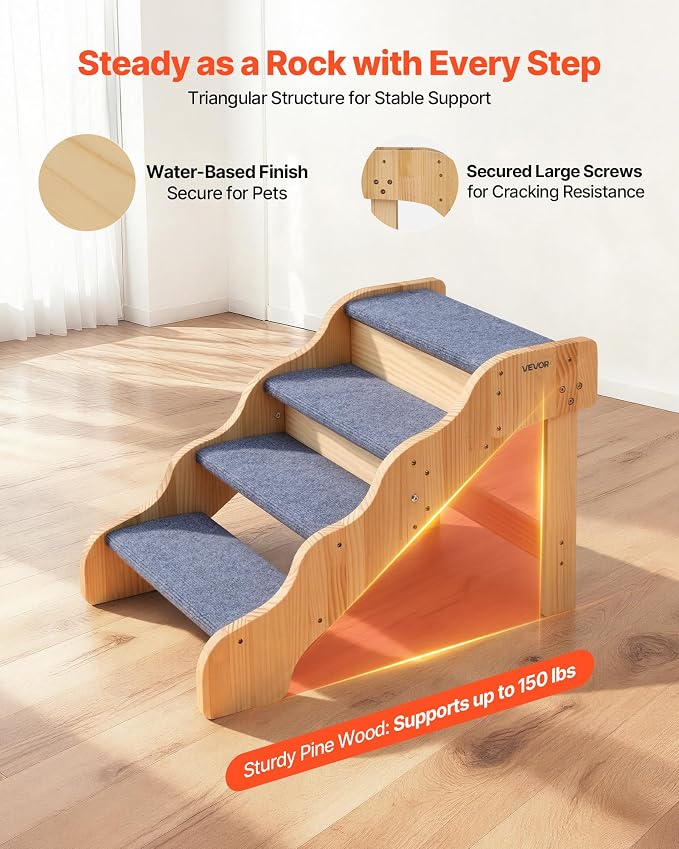 VEVOR Wood Pet Stairs, 4-Step Dog Stairs for High Beds, Sofa & Cars, 150lbs Load Capacity, Non-Slip Surface, Stable Cat & Dog Step Ladder for Small Medium Large Older Pet Puppy Essentials
