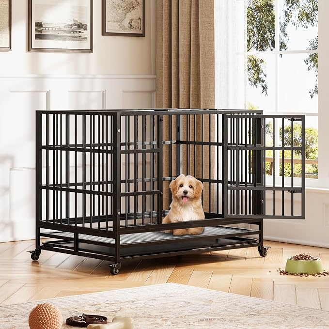 GarveeLife 42inch Heavy Duty Dog Crate, Foldable Indoor Dog Cage with Double Door, 360° Lockable Wheels and Removable Tray, Easy to Clean and Assembly，for Small Medium Dogs