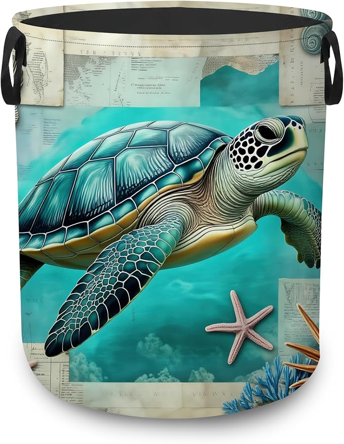 Laundry Basket,Sea Turtle Beach Foldable Clothes Hamper with Handles,Coastal Ocean Waterproof Oxford Cloth Storage Organizer for Bedroom Bathroom College Dorm,16" x 20"