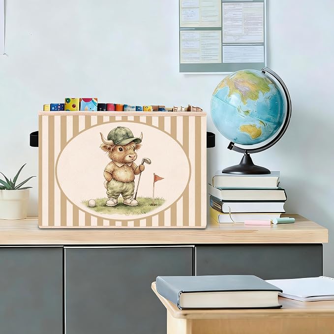 Highland Cow Storage Bin, Foldable Fabric Basket for Kids Room | Foldable fabric storage bin with golf cow design for toys, books, clothes, nursery, bedroom, and playroom use.
