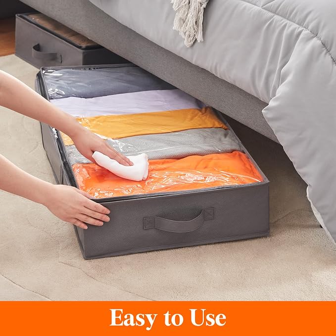 Lifewit 4 Pack UnderBed Storage Bags with Lid, Clothes Storage Boxes Foldable Under bed Storage Organizer with Reinforced Handle Thick Fabric Clear Window for Clothes Blankets Shoes, 65L, Grey
