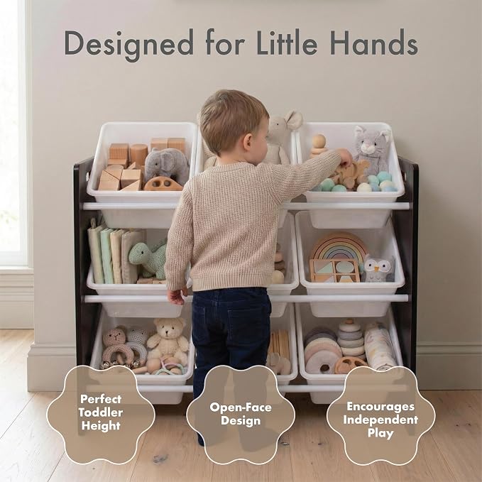 Humble Crew Toy Storage Organizer with 9 Removable Storage Bins for Kids Playroom, 3-Tier Toddler Toy Organization and Storage, Espresso/White