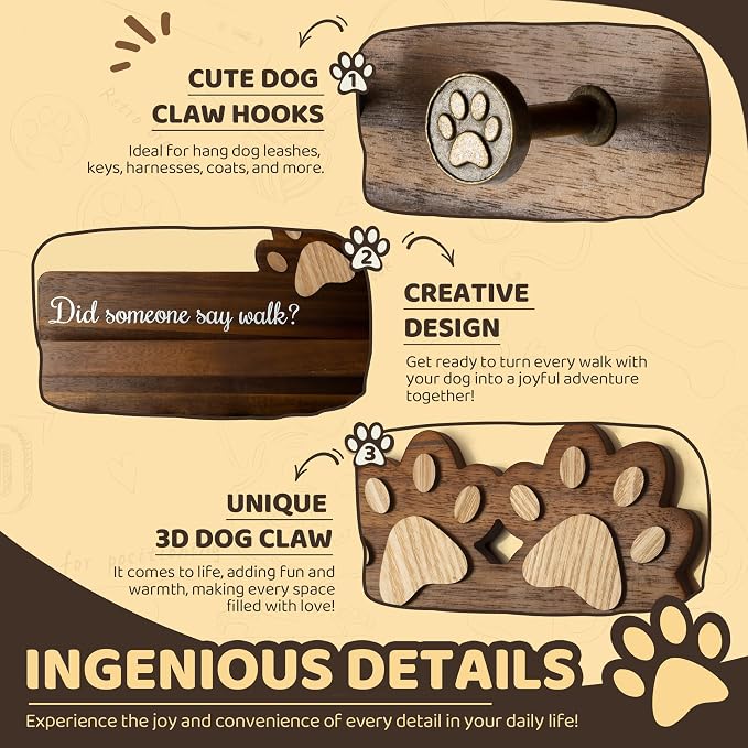 MTERSN Acacia Wood Dog Leash Holder for Wall with Wall Shelf, Dark Brown | 3D Dog Paw Key Holder, Wooden Wall Rack with 6 Key Hooks, Dog Leash Organizer, Rustic Entryway Decor, Perfect Dog Lovers Gift