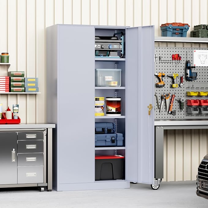 Greenvelly Metal Storage Cabinet with Doors and Shelves, 72" Inch Locking Metal Cabinet,Garage Storage Cabinet for Garage Office School Warehouse (Dark Gray)