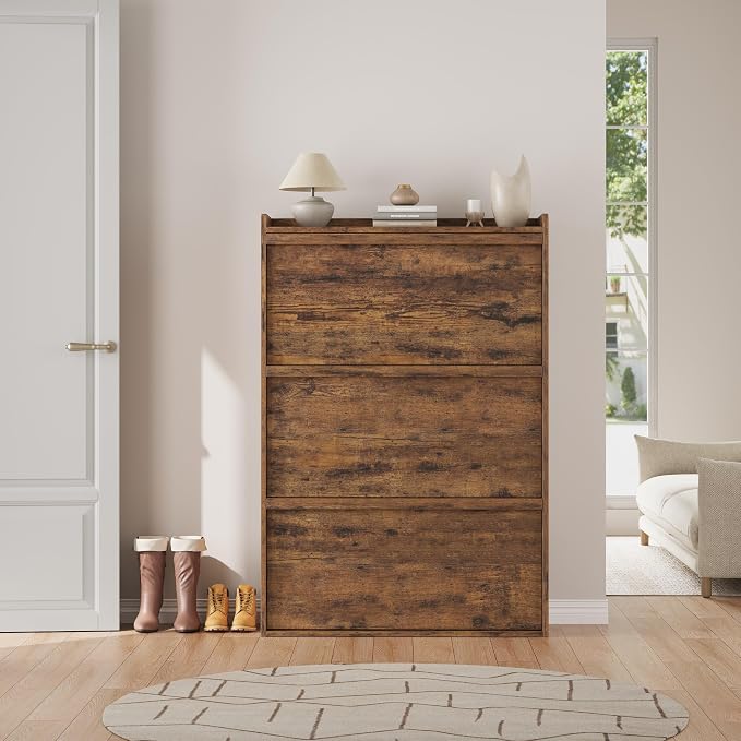 GarveeHome Shoe Cabinet with 3 Flip Drawers, Wooden Shoe Organizer Cabinet with Adjustable Shelf, Shoe Storage for Entryway, Hidden Shoe Cabinet for Hallway, Living Room, Rustic Brown