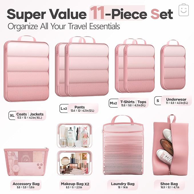 Veken 11 Set Compression Packing Cubes Garment Bags for Travel Essentials,Compressible Expandable Luggage Organizer Bags for Clothing,Space Saver Bags with Over 1000 pcs of Mesh Holes(Pink)