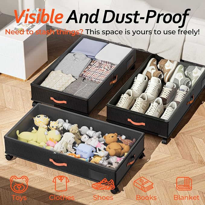 Scilulu Under Bed Storage with Wheels 4-Pack, 66L, 30" L x 16.2" W x 7.5" H | Rolling under bed drawers with sturdy frame, clear lids; underbed containers store clothes, shoes, blankets, toys & holiday