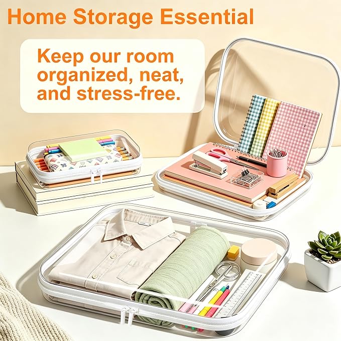 Clear Hard Shell Zipper Case, Crush-Proof Clear Zipper Pouches, TSA Approved Travel Toiletry Bag, Waterproof Makeup Bag & Diaper Bag, Organizer Bins for Toy Storage, Travel Accessories 2L+4S-White